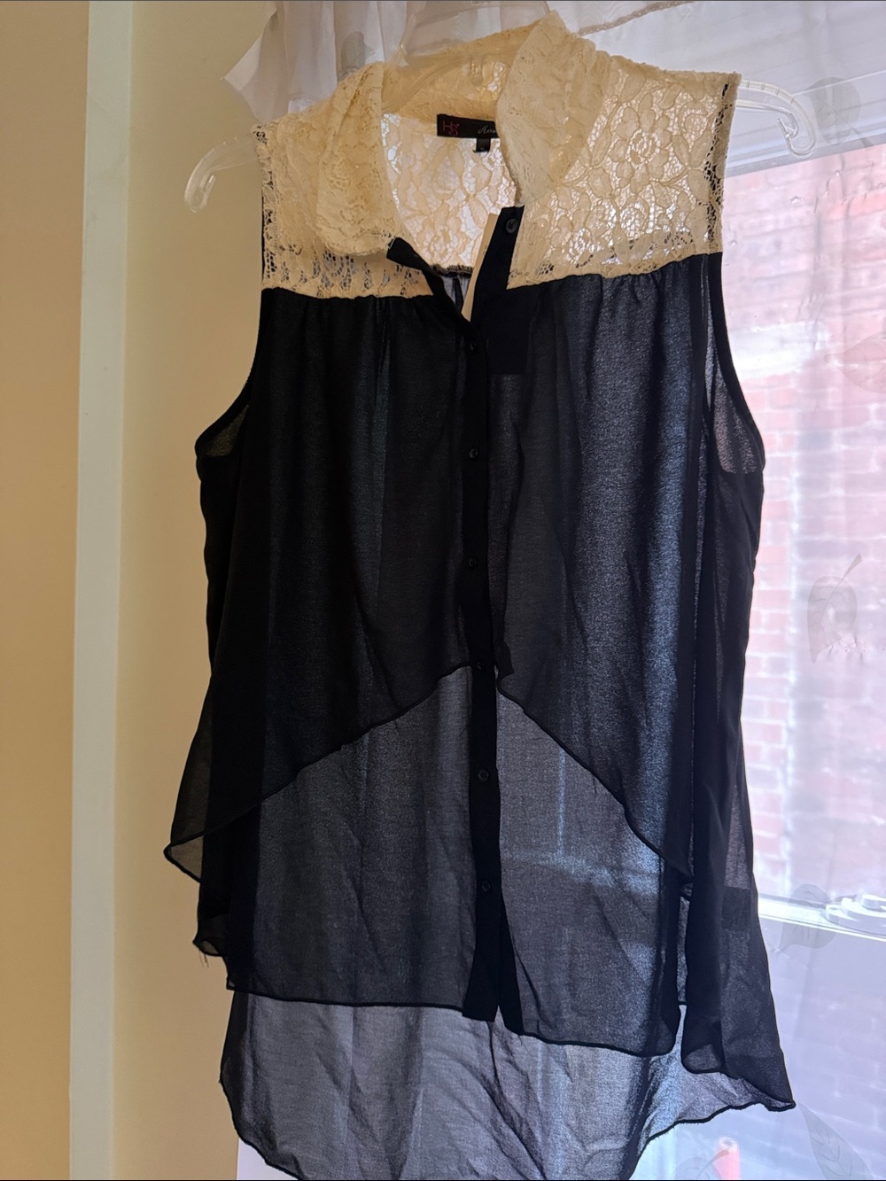 Heart & soul Black Sleeveless Sheer Blouse with Cream Lace Yoke